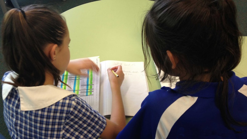 Two students work on a spelling activity