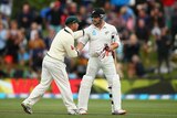 Australia's David Warner congratulates NZ's Brendon McCullum after his final Test innings.