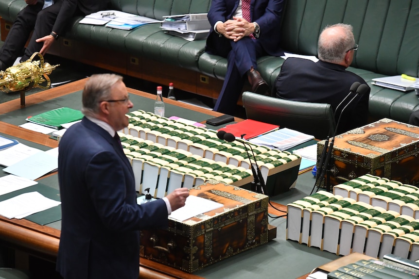 Anthony speaks in parliament as Scott faces away from him. 