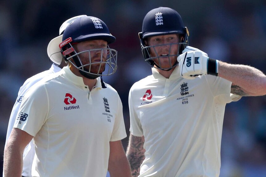 England batsmen Jonny Bairstow and Ben Stokes converse on the pitch during the third Ashes Test.