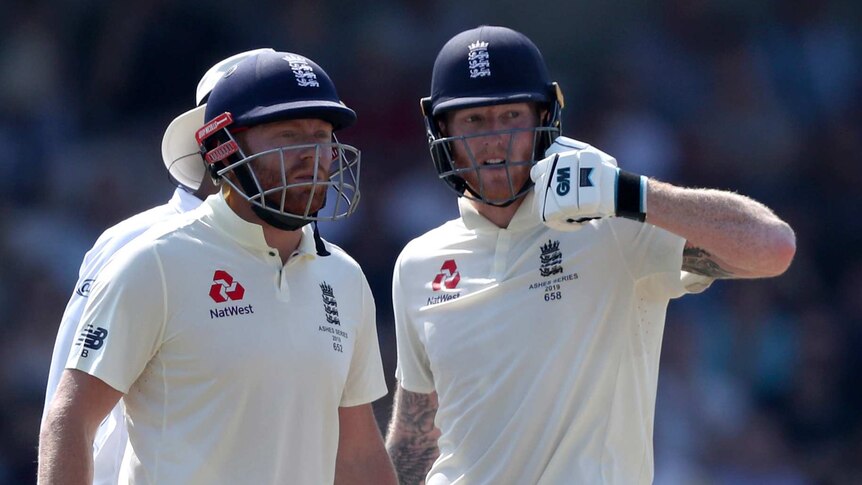 England batsmen Jonny Bairstow and Ben Stokes converse on the pitch during the third Ashes Test.