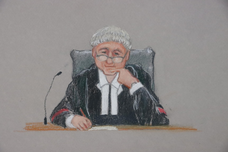 A sketch of Supreme Court Judge John Burns in court.