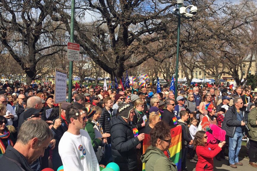 Crowd at same sex marriage rally in Hobart