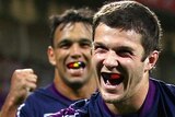 Game clincher ... Matt Duffie celebrates scoring the Storm's fourth try.