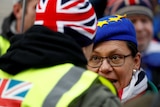 Pro-Brexit and anti-Brexit demonstrators argue with each other outside the Houses of Parliament.