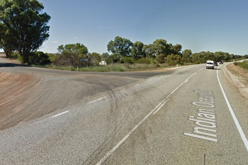 A Google Street View picture of the intersection of Indian Ocean Drive and Bennies Road, north of Perth.