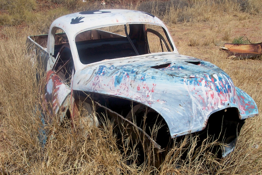 An old ute painted blue, white and pink sits on dry long grass.