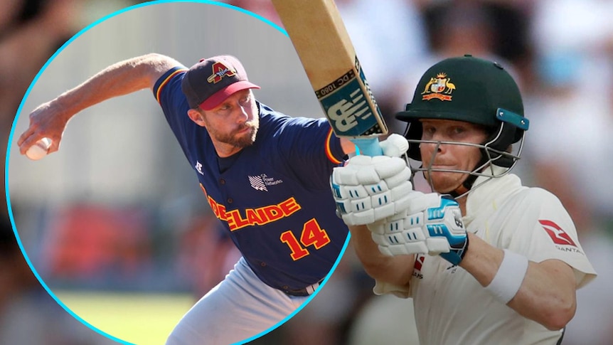 A baseball player in uniform pitches an underarm ball, next to an Australian cricket player who holds his bat up