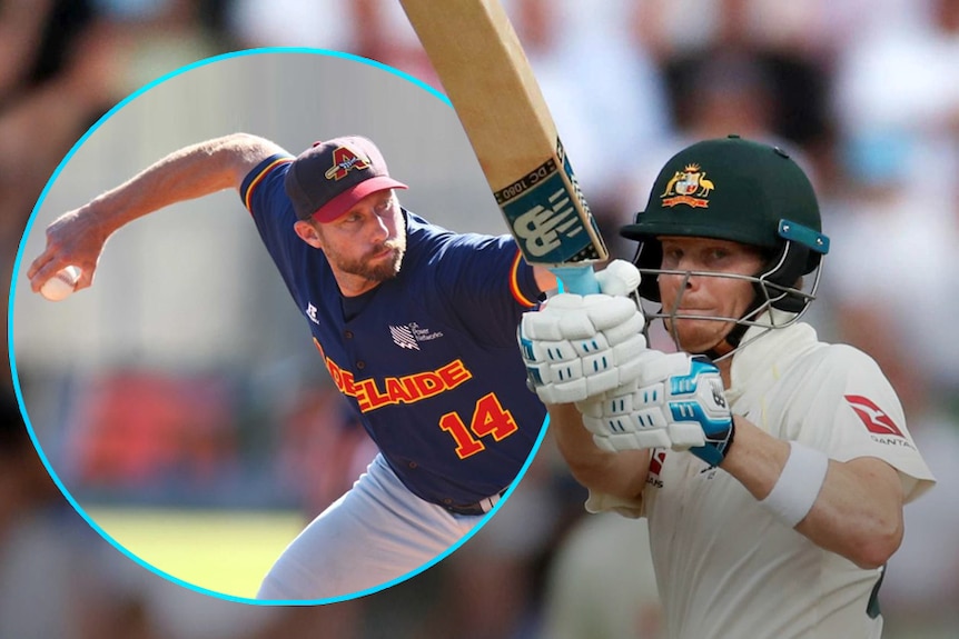 A baseball player in uniform pitches an underarm ball, next to an Australian cricket player who holds his bat up