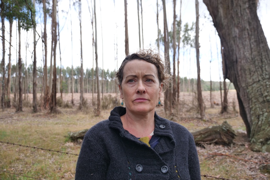 A woman stands in front of a thin row of trees with a cleared paddock behind her.