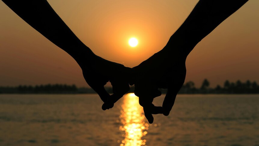 Photo of two people's hands with their fingers entwined, in silhouette, in front of a river