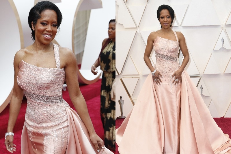 A composite image of Regina King in a dusty pale pink asymmetrical gown with a wide-hipped train.