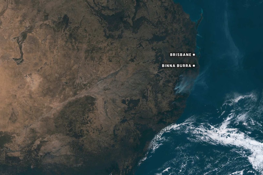 Satellite imagery showing fires burning in Queensland and New South Wales