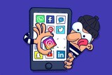 An illustration shows a character wearing a balaclava "stealing" an Instagram icon from a smartphone.