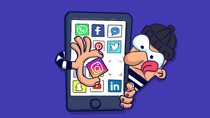 An illustration shows a character wearing a balaclava "stealing" an Instagram icon from a smartphone.