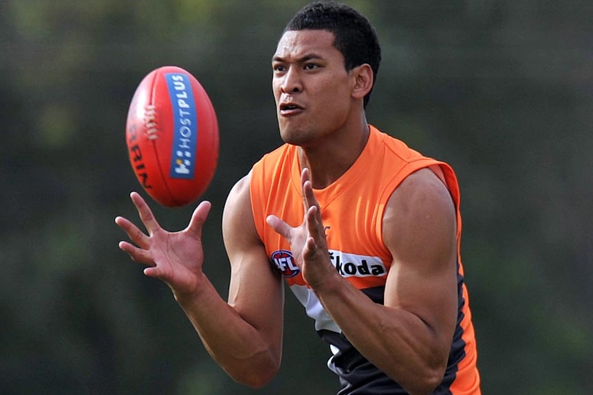 Israel Folau trains with the Greater Western Sydney Giants.