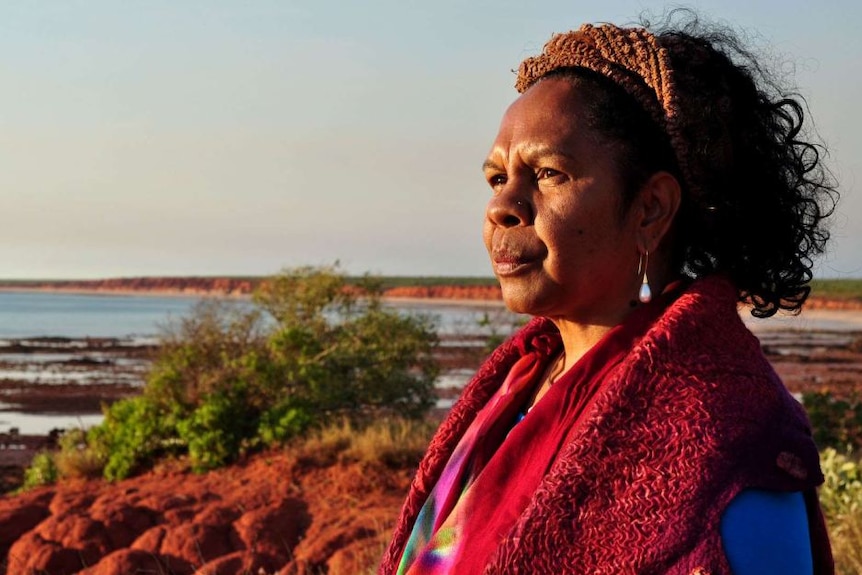 An Aboriginal woman in bright clothing looks out across the outback landscape.