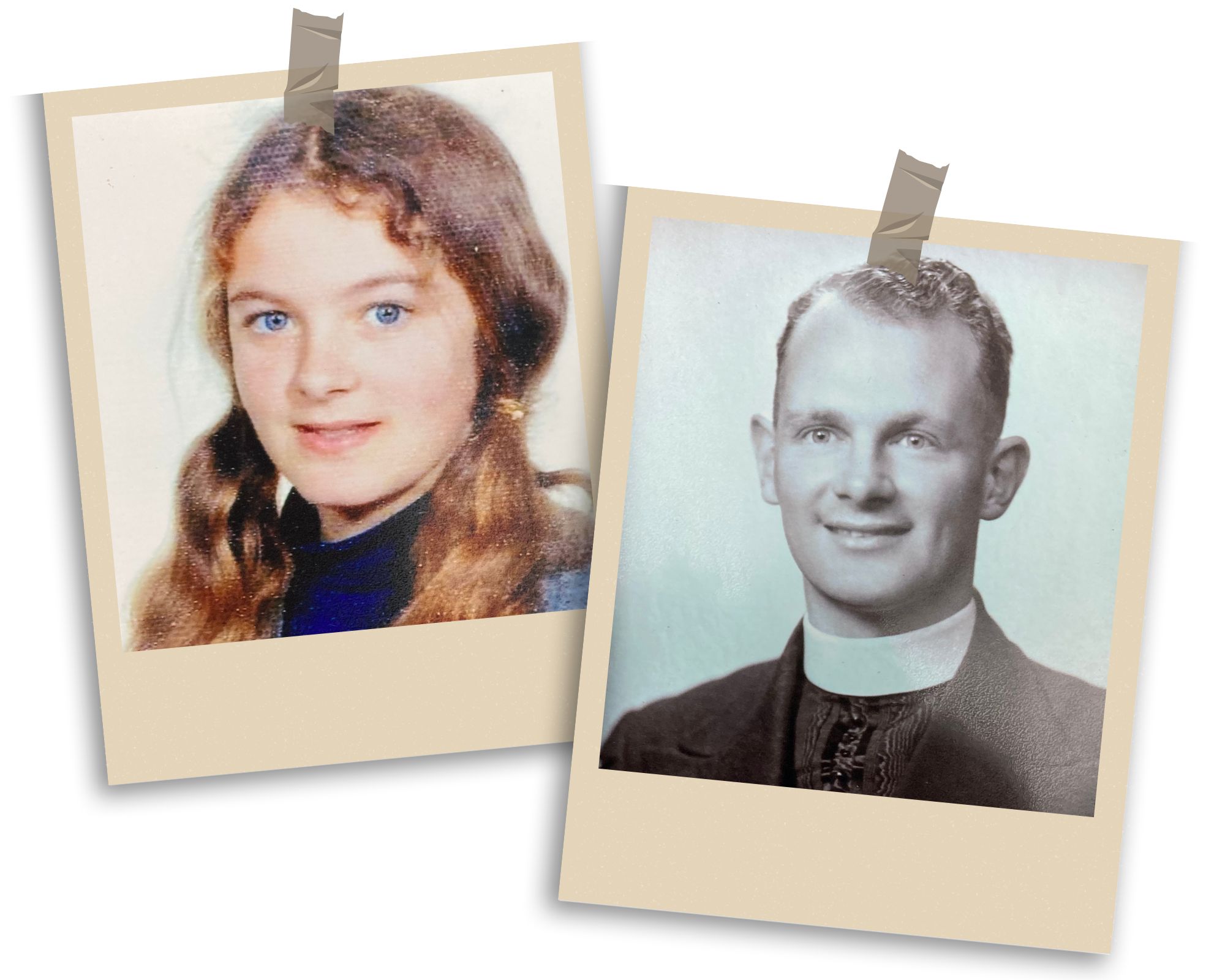 Polaroid style photos of a girl with brown hair in pigtails and a young male priest in a clerical collar