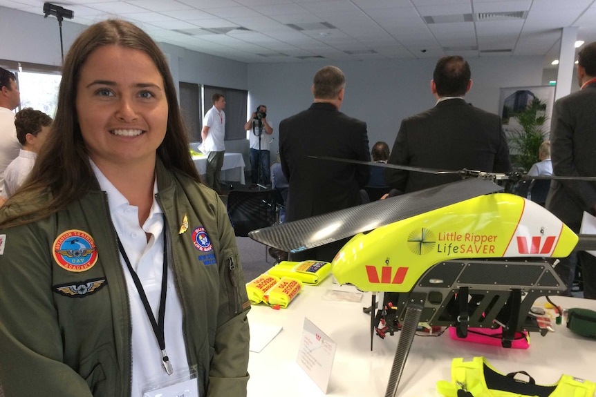 Toni Hurkett from Port Macquarie is the first woman to qualify to be a drone lifesaver pilot, pictured at the training academy.