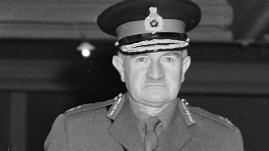 Sir William Slim, a British general during World War II, at the Wellington Town Hall in New Zealand.