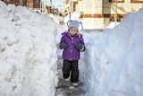 A 3 year old girl walks down a pathway cut in deep snow, which is as tall as her.