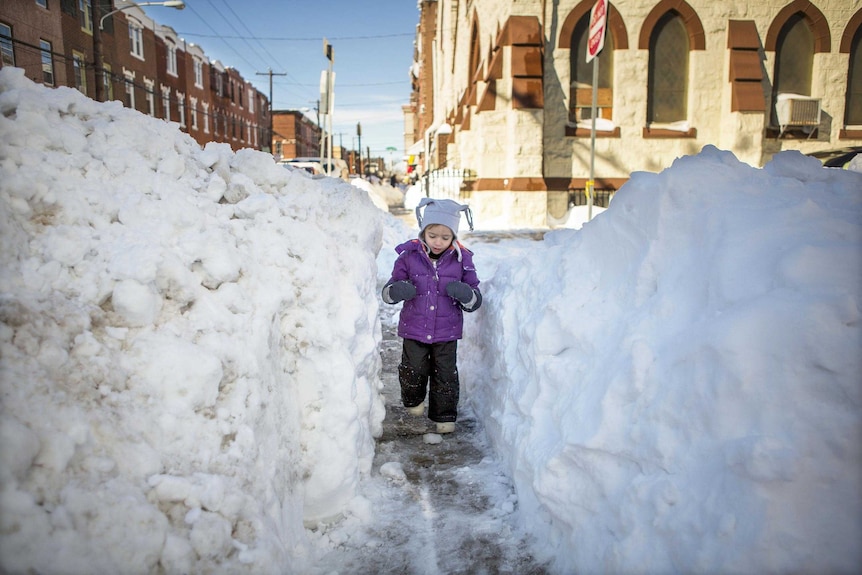 A 3 year old girl walks down a pathway cut in deep snow, which is as tall as her.