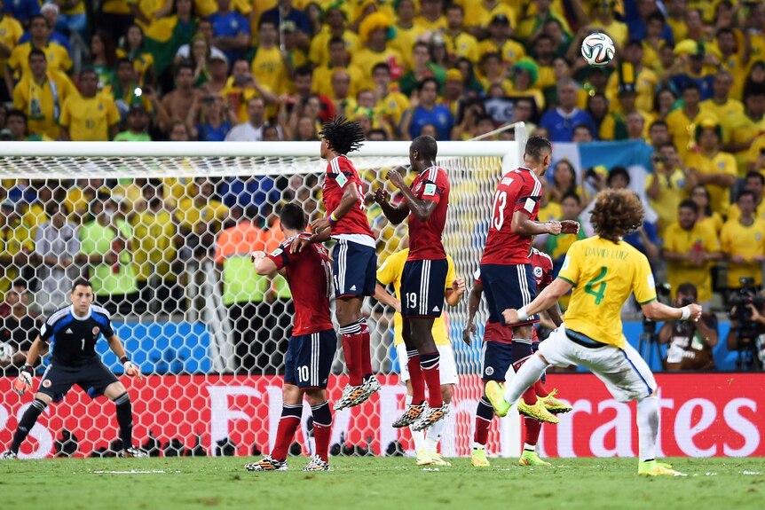 David Luiz belts home a free kick against Colombia