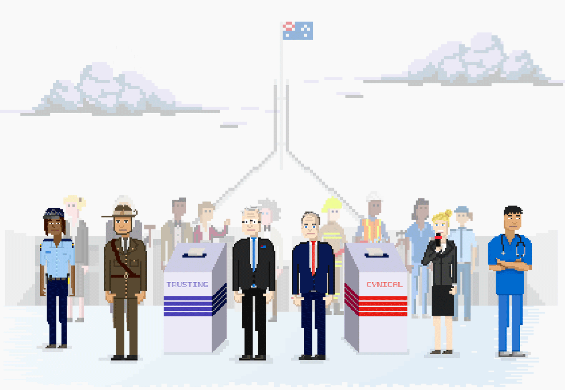 Illustration showing different members of society in front of Parliament House.