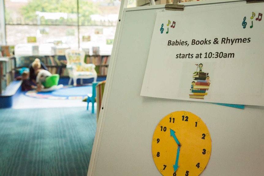 This sign says the event "Babies, Books and Rhyme" starts at ten-thirty.