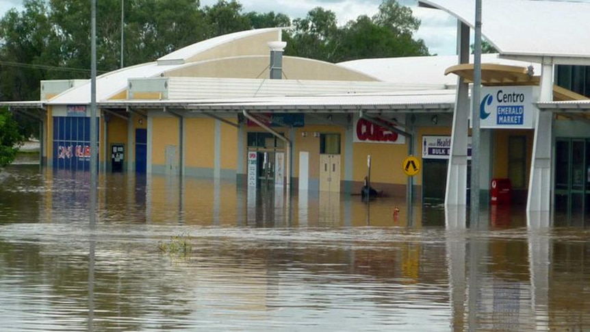 Flooded Coles shopping complex in Emerald.