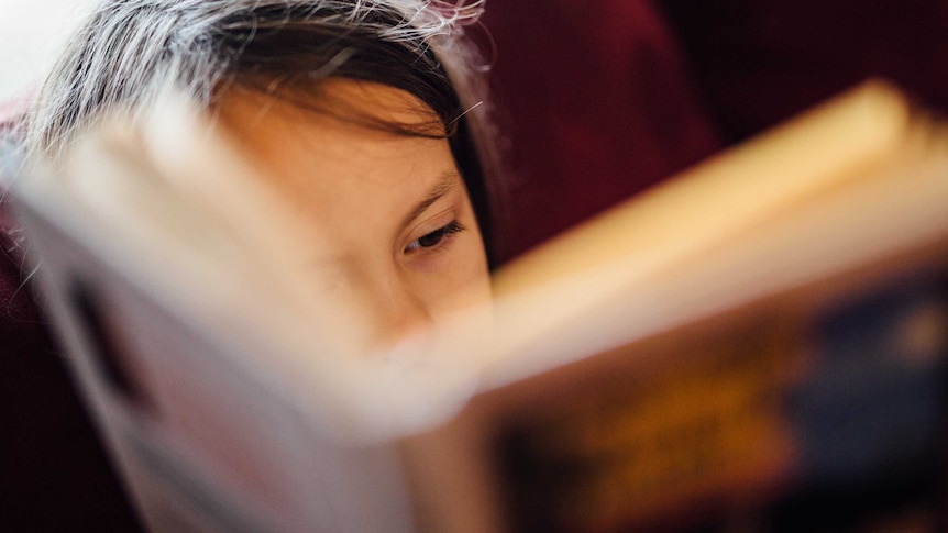A child's face is half obscured by a book, that she stares into, reading.