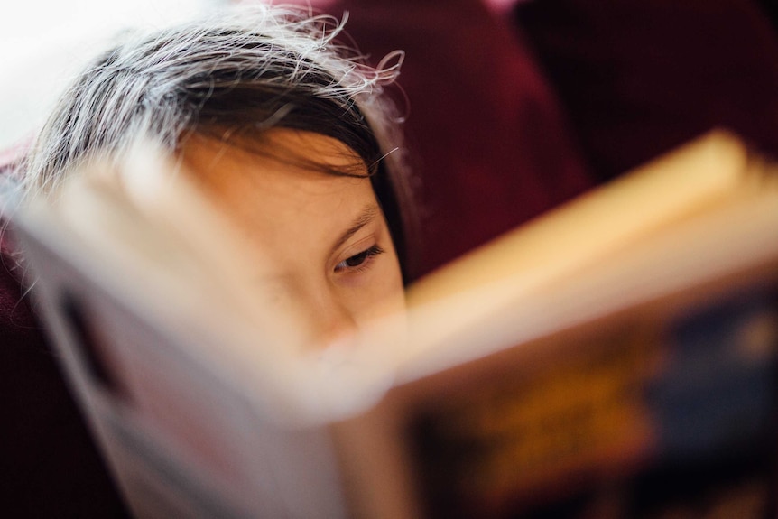 Close up of child reading book