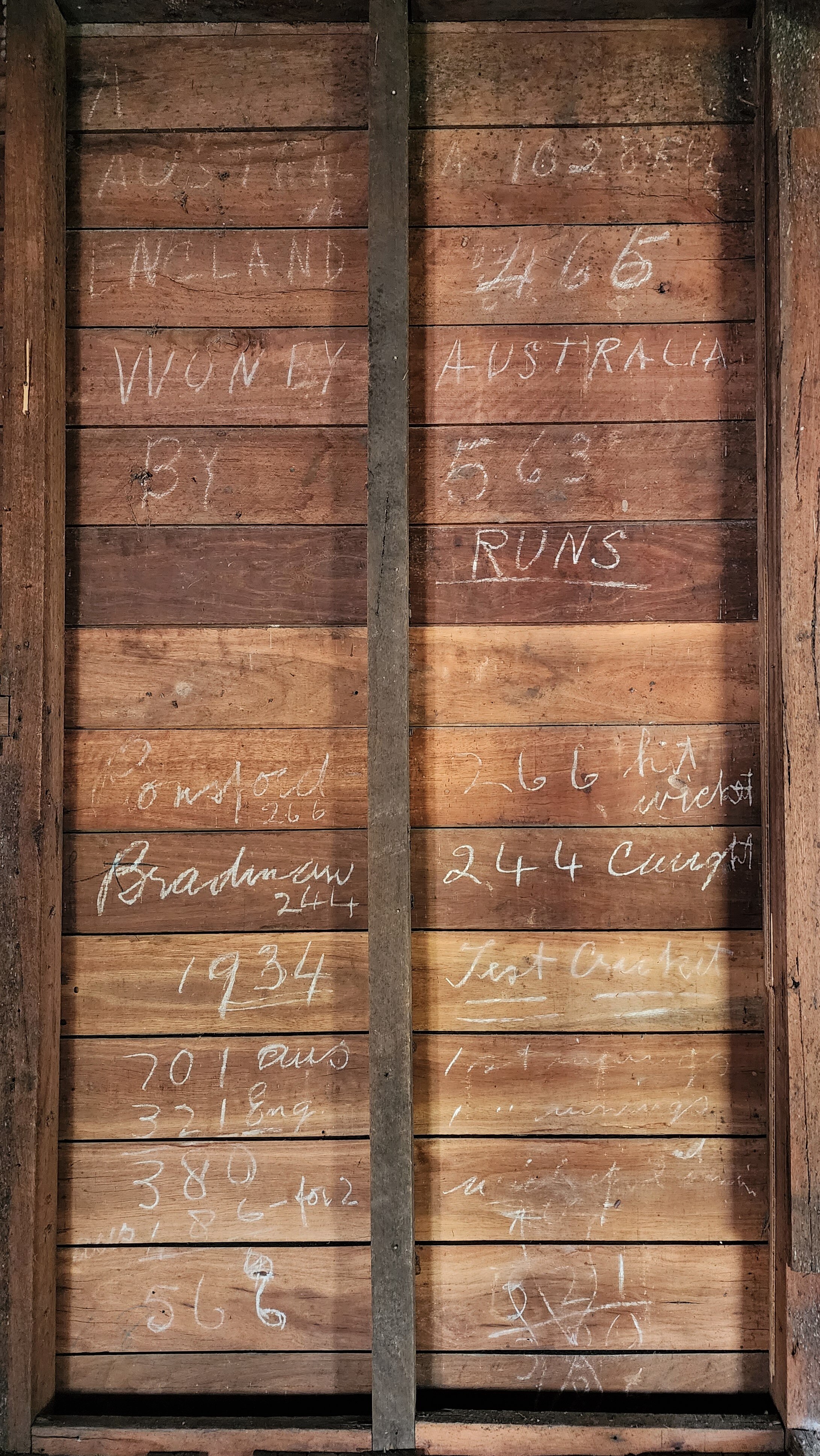 Names and scores of a cricket match handwritten in chalk on an internal wood wall.