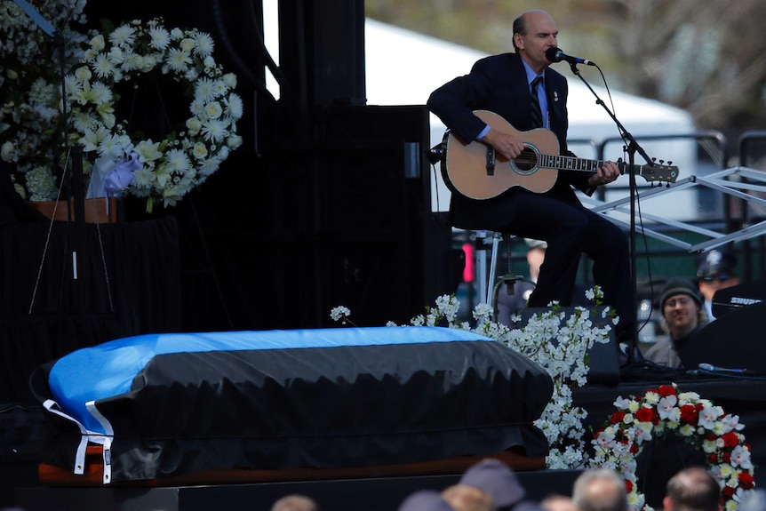 James Taylor sings at Sean Collier's memorial