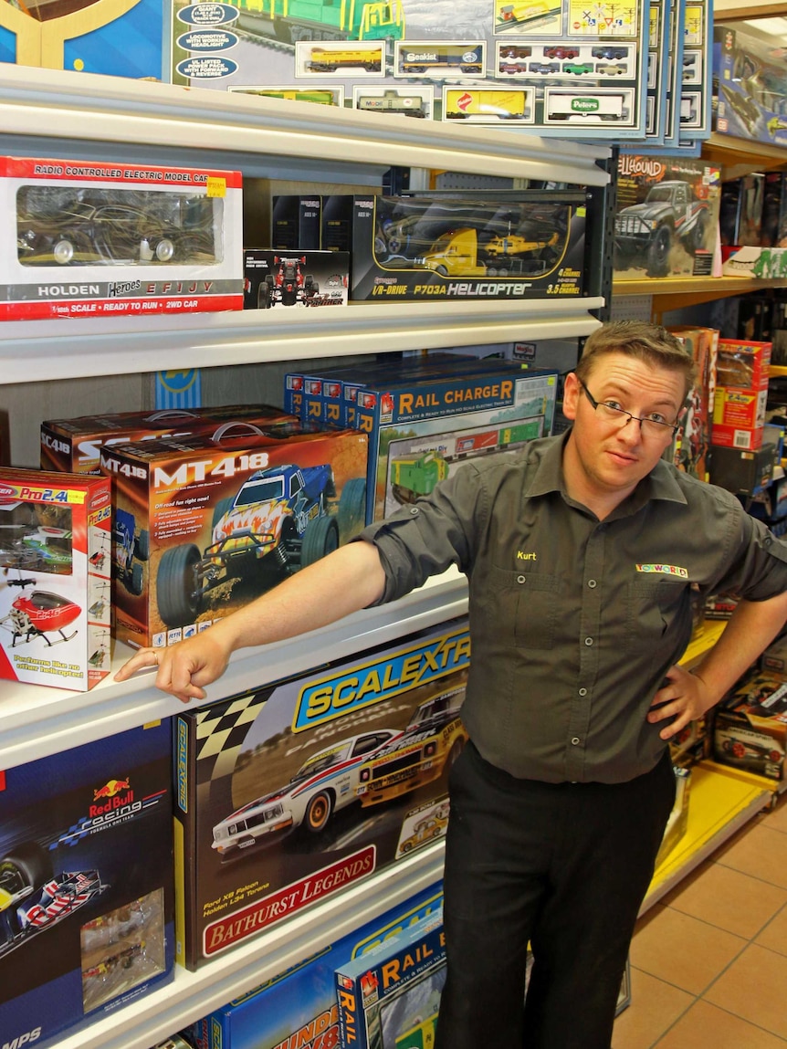 Toyworld employee Kurt Newman in Hobart store.