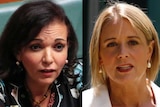 a side by side composite image of anne aly in parliament and kristina keneally outside