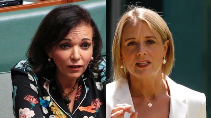 a side by side composite image of anne aly in parliament and kristina keneally outside