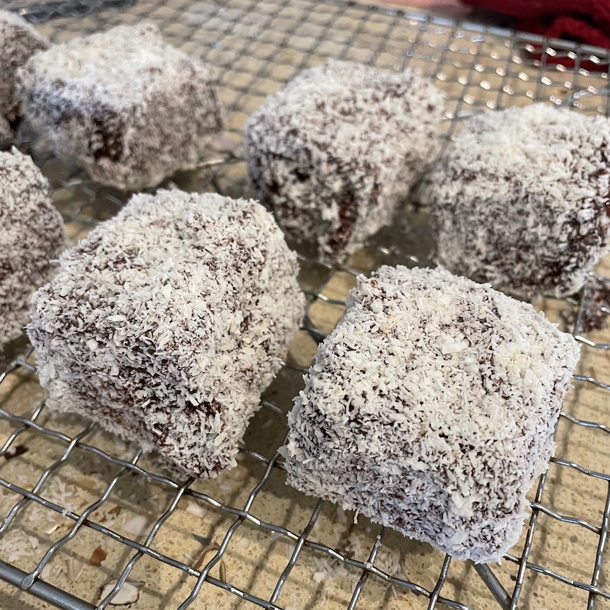 You view a cluster of lamingtons sitting atop a wire tray with dessicated coconut dust on a bench.