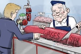An illustration shows a butcher slicing a wages-super sausage