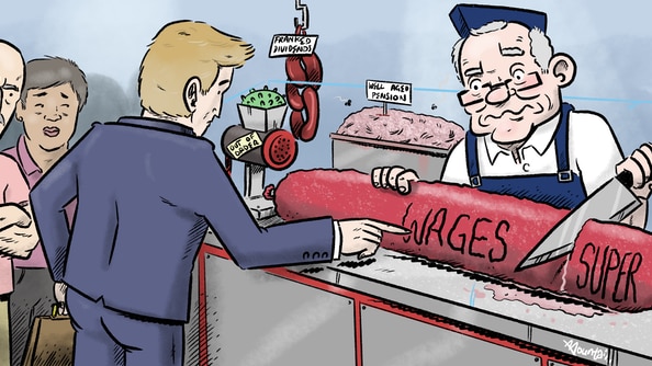 An illustration shows a butcher slicing a wages-super sausage