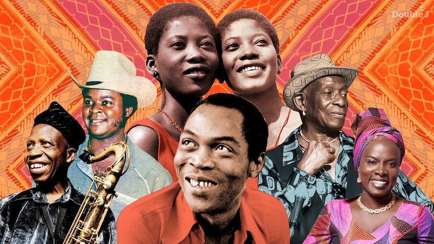 A collage of Afrobeat artists Orlando Julius, William Onyeabor, The Lijadu Sisters, Fela Kuti, Tony Allen & Angelique Kidjo