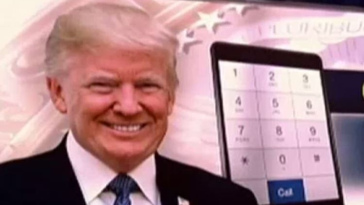 A television graphic of Donald Trump next to a smart phone