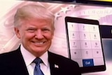 A television graphic of Donald Trump next to a smart phone