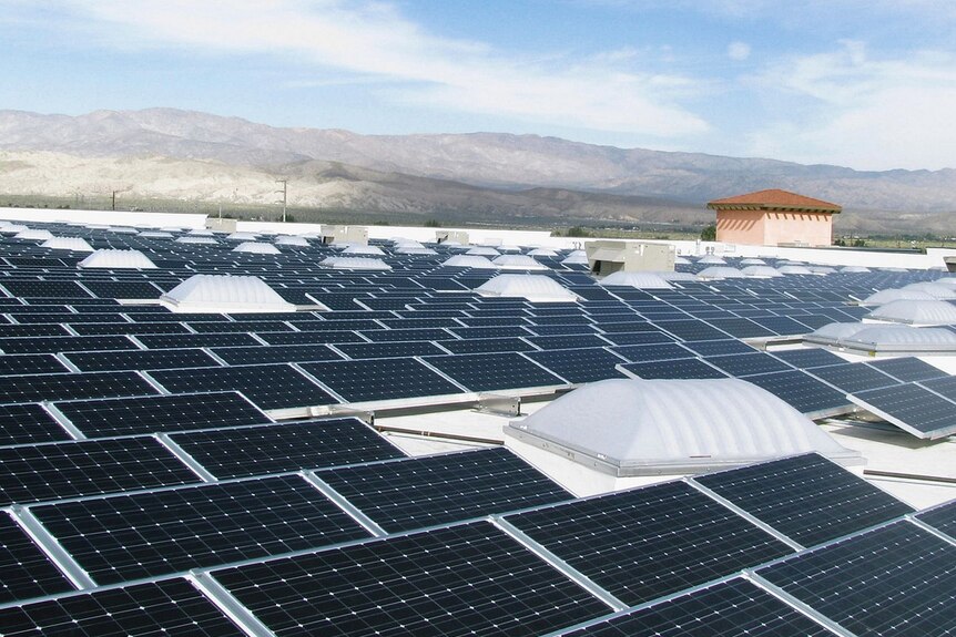 Solar panels on the roof of a Walmark shopping centre in the Palm Desert, California.
