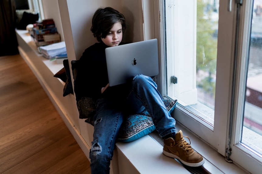 Belgian student Laurent Simons studying on his laptop.