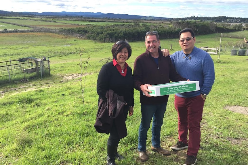 Rose Yong, Andrew French and Richmond Lim on a farm property with mountains in the background.