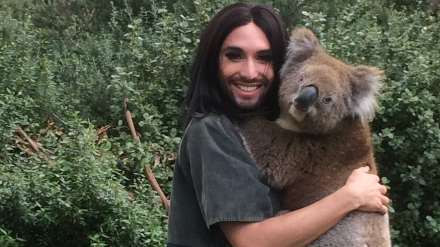 Conchita Wurst hugging a koala