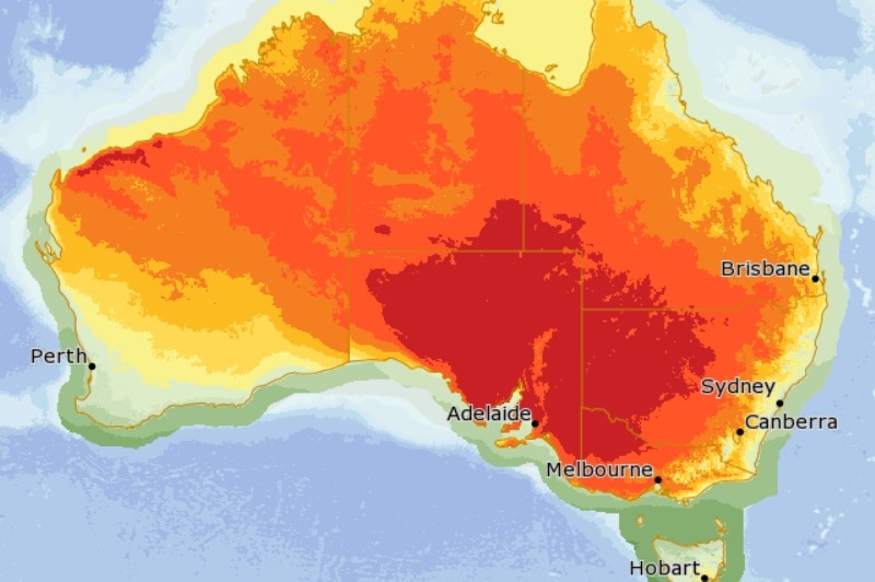 Coloured map representing temperatures across Australia.