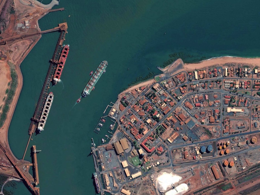 A satellite view of a port town.