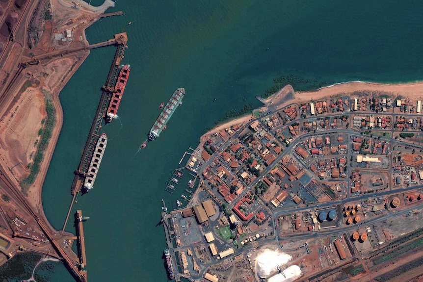 A satellite view of a port town.